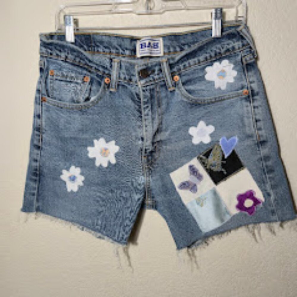 Levi's 501 Born Again Bluez Custom Patchwork Denim Shorts - Size 28/Small